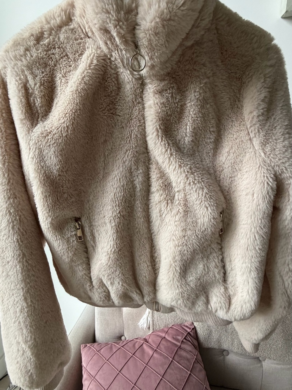 Ambiance Plush Faux-Fur Bomber Jacket in Cream
